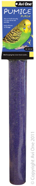 Pumice Perch (Bright Purple). The Avi One Pumice Perch is a must have for all birds. The rough texture of the Pumice Perch assists with keeping nails and beaks trimmed. This perch easily bolts to the side of the cage, and comes in multiple sizes to suit small through to larger birds.    Size: 12 inch  Colour : Bright Purple