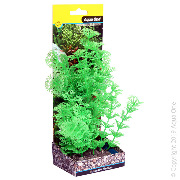 Ecoscape Medium Ambulia Green  Aqua One’s Artificial Plants will add vibrancy and a fresh look to any aquarium. Each plant features a weighted base to make aquascaping easy.  You are sure to find plant or two to suit your aquarium from the large range available from Aqua One!  Specifications: 20cm tall.