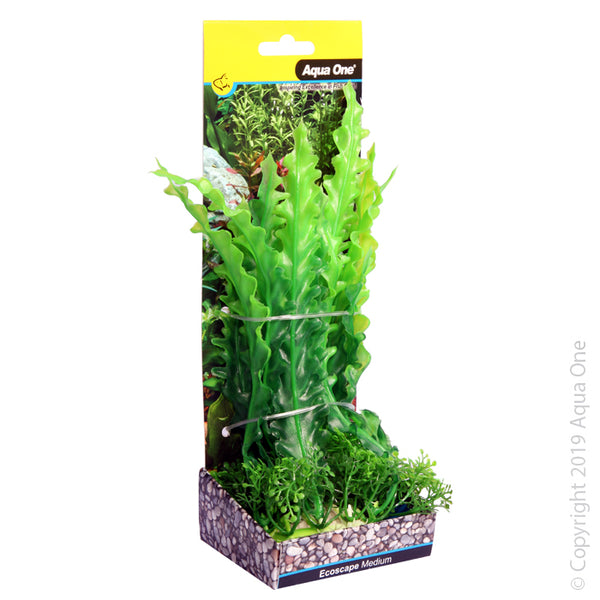 Ecoscape Medium Ruffled Lace Plant Green  Aqua One’s Artificial Plants will add vibrancy and a fresh look to any aquarium. Each plant features a weighted base to make aquascaping easy.  You are sure to find plant or two to suit your aquarium from the large range available from Aqua One!  Specifications: 20cm tall.