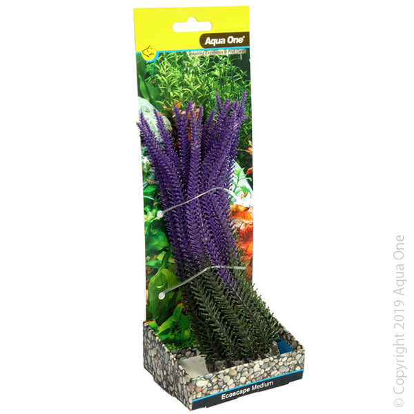 Ecoscape Medium Lavender Purple  Aqua One’s Artificial Plants will add vibrancy and a fresh look to any aquarium. Each plant features a weighted base to make aquascaping easy.  You are sure to find plant or two to suit your aquarium from the large range available from Aqua One!  Specifications: 20cm tall.