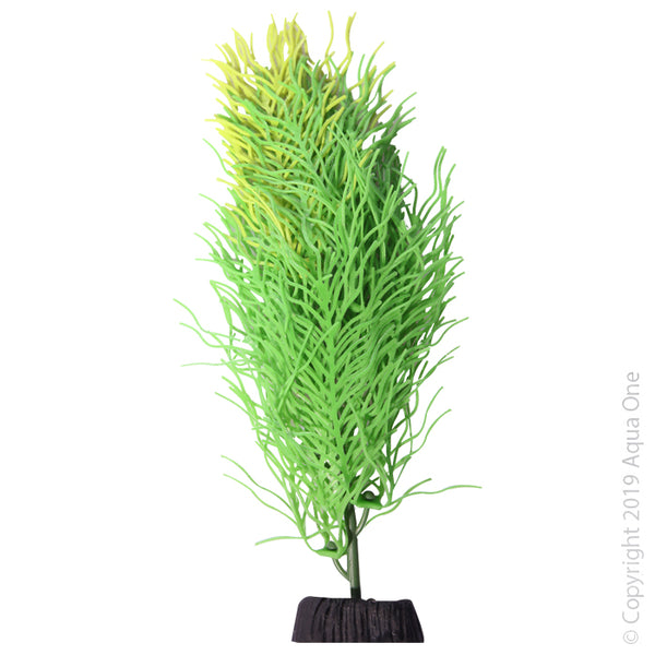 Aqua One Flexiscape Medium Hornwort Green Plant. The Aqua One Flexiscape silicone plant and ornament range allow you to create a visually stunning set up from the array of luminous colours, styles and sizes.  Specifications: 19CM