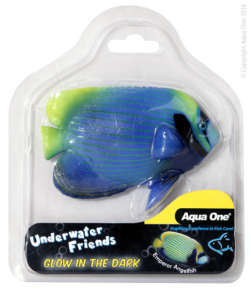 Underwater Friends Glow in the Dark Floating Emperor Angelfish. Features & Benefits:  They will absorb light during the day and glow after the lights are switch off! Easy suction cup installation Add life and colour to your aquarium Floating ornaments simulate life-like movement in water