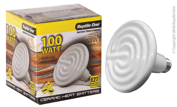 Reptile One Heat Lamp Ceramic 100W E27 Screw Fitting  Ceramic Heat Lamps provides a constant heat source without producing light. This can provide a permanently heated zone within an enclosure which will help create a beneficial air temperature.  Features & Benefits:  Emits heat without light. Ideal as a permanent heat source