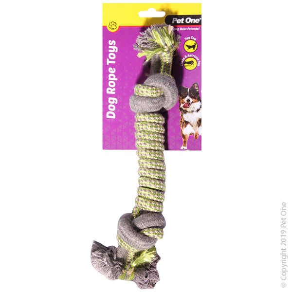 Dog Toy Rope Spiral With 2 Knots Green/Grey 31cm. Pet One’s Rope Dog Toys provide a great opportunity to encourage exercise and energy release.  Playtime is an effective way for puppies and dogs to stay happy and healthy. Pet One’s dog toys encourage them to fetch, chase, tug and exercise their humans.