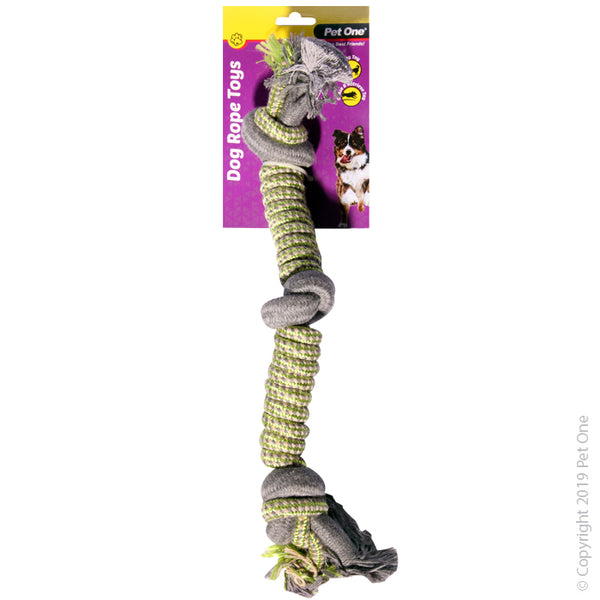 Dog Toy Rope Spiral With 3 Knots Green/Grey 40cm. Features & Benefits:  Rope toys assists in interactive play. Helps keep teeth clean and massages gums. Interactive dog toys can assist in relieving boredom and decreasing anxiety. Provides great physical and mental stimulation. Rope and ball toys are perfect for fetch and tug of war. Non-toxic. Availably in a variety of shapes and sizes. Suitable for: Dogs.