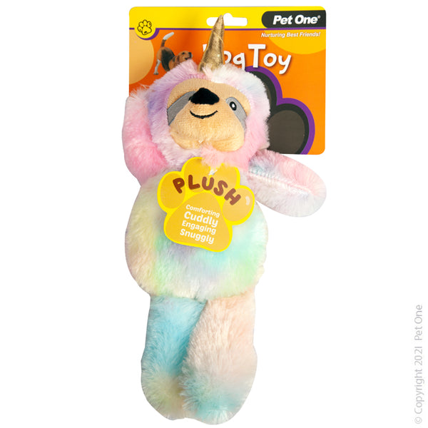 35CM Plush Rainbow Squeaky Sloth Unicorn Dog Toy. Pet One Pet Toys provide endless hours of entertainment along with physical and mental stimulation for your pet.  Featuring various textures, shapes and noises, each toy will retain your pets’ scent and keep them coming back to snuggle and play.