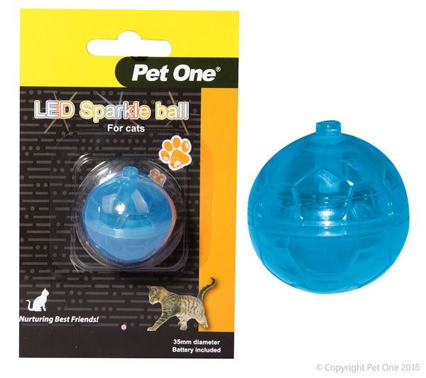 Pet One Cat Toy - LED Sparkle Ball Electronic. Your feline friend will love to chase after their new toy. Rolling this toy along the floor mimics the movement of scampering mice or other prey animals, and the colourful lights inside will entice and entertain your cat for hours.