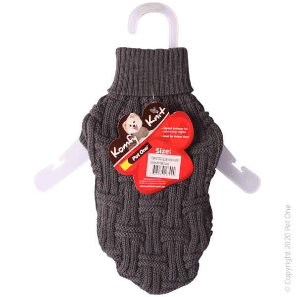 Pet One Dog Coat - Komfyknit Jumper Icelandic - 25cm - Dark Charcoal. Don’t forget that dogs feel the cold too! Prepare for the winter months with Pet One’s range of fashionable KomfyKnit Dog Jumpers. The soft knitted material ensures your pet stays warm during those cold winter nights; even indoor dogs can benefit from a little extra warmth when the temperature drops outside.