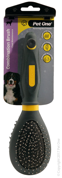 Combination Bristle & Metal Pin Brush Large. Pin Brush  Removes tangled and mildly matted hair Removes dirt build up under your dog’s coat Regular combining stimulates skin & hair follicles leaving your dog with a healthy & shiny coat Bristle Brush  Removes lightly tangled fur