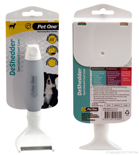 Grooming DeShedder Brush Small. Features & Benefits:  Effectively removes loose undercoat hair while leaving a radiant polished top coat. Uniformly distributed strong stainless steel teeth Comfortable non-slip gel handle Reduces dog’s natural shedding. Less fur on your carpet, lounge, your clothes etc. Recommended use for short-mid length fur Easy to clean Available in three sizes Suitable for: Dogs (Short-Mid Length Fur)