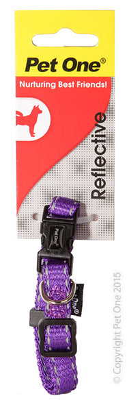 Pet One Collar - Reflective Nylon Adjustable 10mm 17-26cm Purple  The Pet One Reflective Collar, Lead and Harness range is made from durable nylon and an eye catching reflective finish, to ensure your pet stands out from the crowd.
