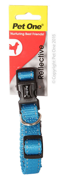 Pet One Collar - Reflective Nylon Adjustable 15mm 24-37cm Aqua  The Pet One Reflective Collar, Lead and Harness range is made from durable nylon and an eye catching reflective finish, to ensure your pet stands out from the crowd.