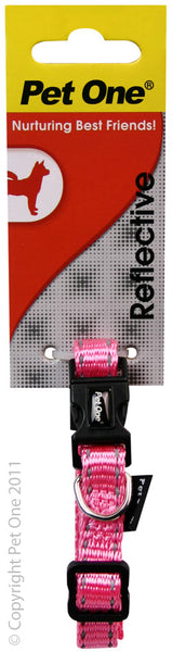Pet One Collar - Reflective Nylon Adjustable 15mm 24-37cm Pink  The Pet One Reflective Collar, Lead and Harness range is made from durable nylon and an eye catching reflective finish, to ensure your pet stands out from the crowd.