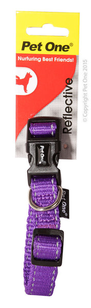 Pet One Collar - Reflective Nylon Adjustable 15mm 24-37cm Purple  The Pet One Reflective Collar, Lead and Harness range is made from durable nylon and an eye catching reflective finish, to ensure your pet stands out from the crowd.