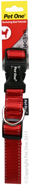 Pet One Collar - Reflective Nylon Adjustable 15mm 24-37cm Red  The Pet One Reflective Collar, Lead and Harness range is made from durable nylon and an eye catching reflective finish, to ensure your pet stands out from the crowd.