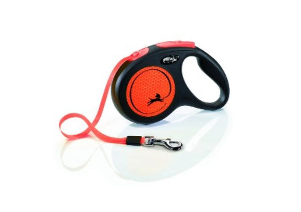 Flexi New Neon - 5m Tape (M) Retractable Leash Orange. Key Benefits:  Reflective stickers reflect headlights from over 150 metres away, making you and your dog more visable.  Runs smoothly in and out so that your dog can roam freely, or be restrained at the perfect length. Short-stop one-handed braking system is reliable and makes it possible to direct your pup easily. Compatible with the Flexi Multi Box Dog Leash Accessory or Flexi LED Lighting System for added convenience.