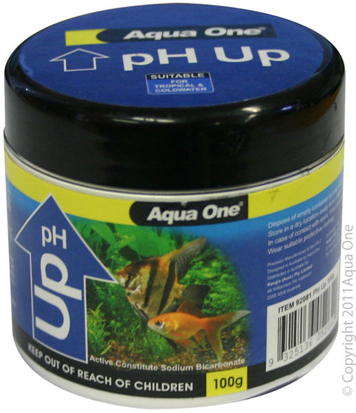 Aqua One PH Up Quickdrop 100g. Keep your aquarium at optimum peak! Maintaining a stable pH is key to a healthy aquarium. Aqua One pH Up & Down allows you to easily adjust the pH levels in the aquarium, keeping your fish happy and healthy in their environment.