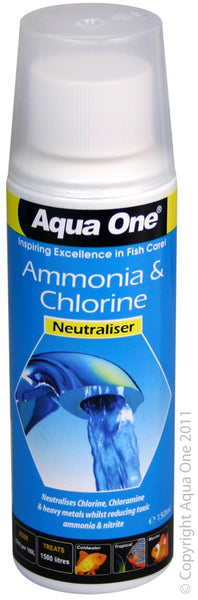 Aqua One - Ammonia Remover Chlorine Neutraliser 150ml Treatment.  Aqua One Ammonia & Chlorine Neutraliser improves aquarium water by removing harmful toxins such as chlorine, chloramines and heavy metals found in tap water