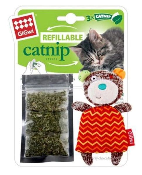 GIGWI REFILLABLE CATNIP TOY BEAR. Watch as your cat tosses, flips, kicks and enjoys it’s GiGwi catnip toy. GiGwi use top quality, natural catnip from North America. This toy has a special fastener, so that fresh catnip teabags can be added again and again – to last your cat’s nine lives. GiGwi refillable catnip toys include 3 catnip teabags which are zip-locked for maximum freshness and aroma. Cute multi-colour patchwork design.