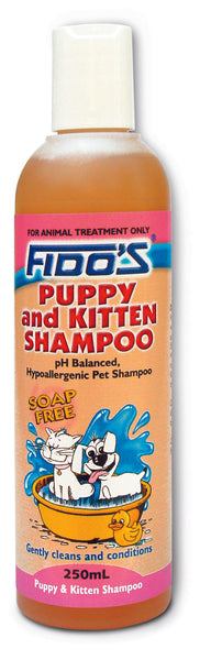 Fido's Shampoo - Puppy and Kitten 250ml. Mild soap free shampoo well suited to the delicate skins of puppies and kittens. Long lasting baby powder scent.
