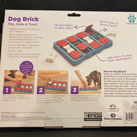 Nina Ottosson Dog Brick Blue. NEW WAYS TO LEARN & PLAY: As one of the newest, and most versatile dog games, the Dog Brick presents your pup with a new challenge every time they play with it. FLIP, FIND & SLIDE: Complete with 3 different treat feeding features, the Nina Ottosson Dog Brick is made with easy open-close flip compartments to hide treats in, and comes with separate, removable bone puzzle pieces that offer an even more interesting challenge to seeking and eating treats!