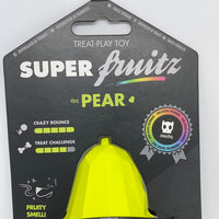 ZEE.DOG SUPER FRUITZ TREAT DISPENSING TOY - PEAR. Super Fruits dog toys by Zee.Dog are designed with a treat dispensing bottom. Stuff them with your dog's favourite treats for a fun and challenging time. Made of 100% non-toxic durable natural rubber Treat dispensing bottom for extra play hours Polygonal edges help clean teeth and prevent tartar build up Erratic bounce Fruity smell keeps your dog more entertained Perfect for entertaining, training and rewarding your dog Length 14 cm - width 4 cm