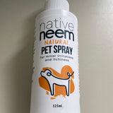 Organic Neem Pet Spray 125ml. Neem is a natural tonic for your pet's skin and fur, providing a lustrous problem-free coat. it is very effective and safe for use on puppies, kittens and safe to children handling pets. Native Neem organic neem pet spray is made with certified organic Neem oil and produced using the natural emulsifiers, making it chemical free. No synthetic colors fragrance or preservatives used. Made with certified organic ingredients. Its a great soothing agent