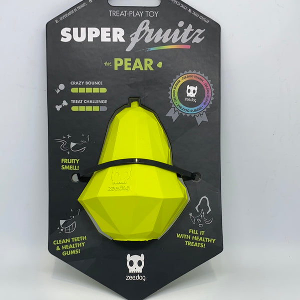 ZEE.DOG SUPER FRUITZ TREAT DISPENSING TOY - PEAR. Super Fruits dog toys by Zee.Dog are designed with a treat dispensing bottom. Stuff them with your dog's favourite treats for a fun and challenging time.   Made of 100% non-toxic durable natural rubber Treat dispensing bottom for extra play hours Polygonal edges help clean teeth and prevent tartar build up Erratic bounce Fruity smell keeps your dog more entertained Perfect for entertaining, training and rewarding your dog Length 14 cm - width 4 cm